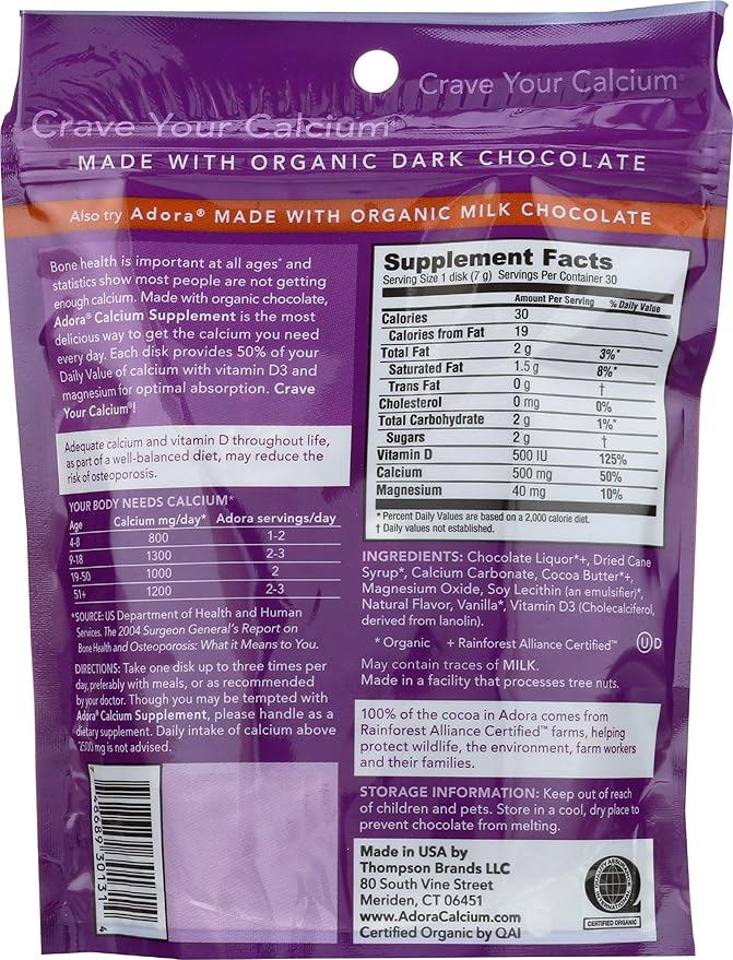 Adora Calcium Supplement Disk, Dark Chocolate, 30 Count - 500 mg