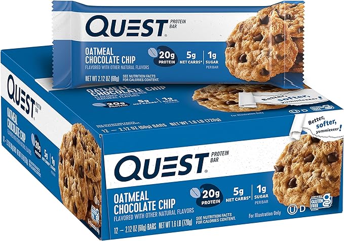 Quest Nutrition Oatmeal Chocolate Chip Protein Bars, 20g Protein, 1g Sugar, 5g Net Carb, Gluten Free, Keto Friendly, 12 Count