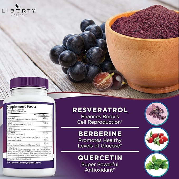 Liberty Lifestyle Resveratrol, Berberine, Grape Seed Extract, Quercetin, Polyphenol Supplement for Women and Men with Noni Extract, N-Acetyl Cysteine, Acai Extract (60 Count)