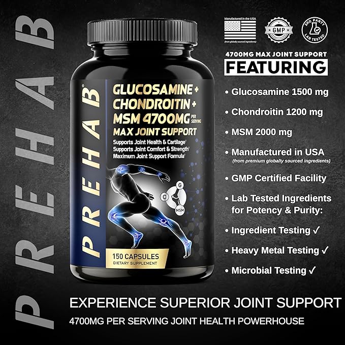 Glucosamine Chondroitin MSM | Premium Joint Support Supplement | Extra Strength 4700mg Max Joint Support | Men & Women | Supports Joint Health & Cartilage, Joint Comfort, Strength and Flexibility