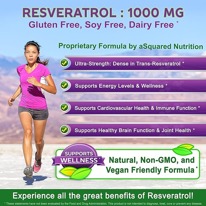 100% Natural Resveratrol - 1000mg Per Serving Max Strength (180 Capsules) Antioxidant Supplement, Trans-Resveratrol Pills for Heart Health & Pure, Polyphenols (Pack of 2)
