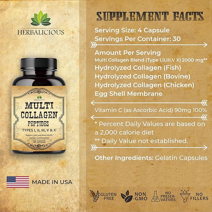 HERBALICIOUS Multi Collagen Peptides Capsules - Non-GMO & Gluten Free Type I, II, III, V, X Hydrolyzed Collagen Supplements with Vitamin C - Supports Healthy Hair, Skin, Nails, & Joints - 120 Capsules