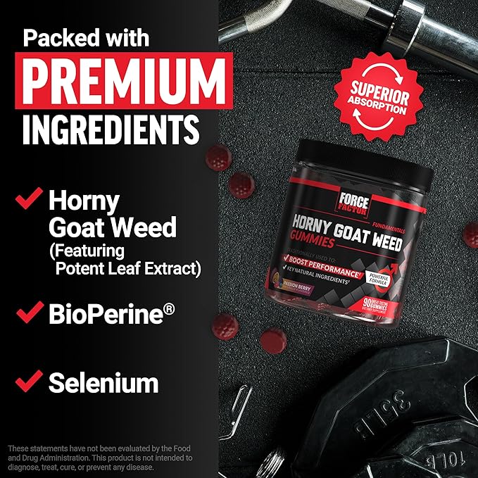 Force Factor Horny Goat Weed Gummies for Men, Natural Male Drive & Vitality Supplement with Ingredients for Superior Absorption, Delicious Passion Berry Flavor, Black, 90 Count