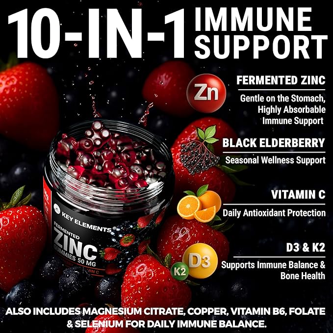 Immune Support Zinc Gummies 50mg with Elderberry Vitamin C and Zinc Supplements - Natural Antioxidant with Copper Vitamin D3 K2 Magnesium - Rich Berry Taste, Sugar-Free, 120 Gummies