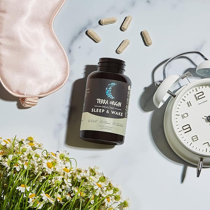 TERRA ORIGIN Healthy Sleep & Wake | Natural Sleep Aid Supplement for Adults | Restful and Awake Refreshed | GABA, L-Tryptophan, Melatonin, Chamomile, Valerian, PassionFlower | 60 Capsules