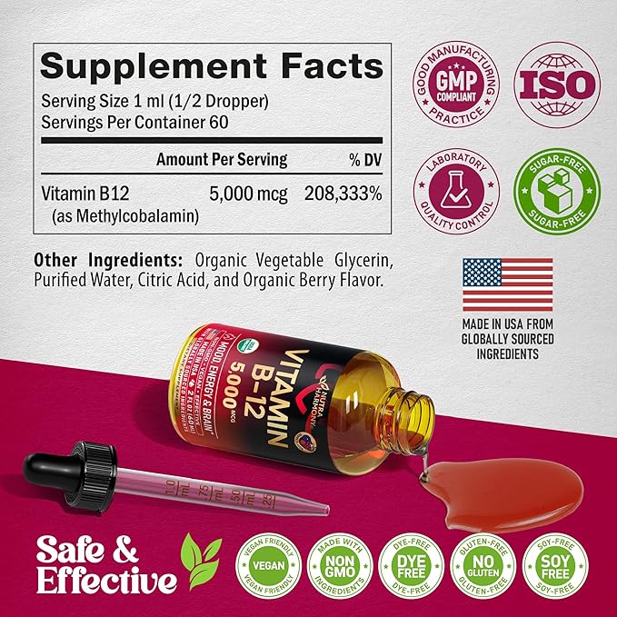USDA Organic Vitamin B12 Sublingual Drops - 5000 mcg Liquid Vegan Methylcobalamin for Women & Men - Energy Boost, Focus & Mood, Brain Health Support - Maximize Absorption - 2 Month Supply, 2 fl oz