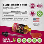 USDA Organic Vitamin B12 Sublingual Drops - 5000 mcg Liquid Vegan Methylcobalamin for Women & Men - Energy Boost, Focus & Mood, Brain Health Support - Maximize Absorption - 2 Month Supply, 2 fl oz