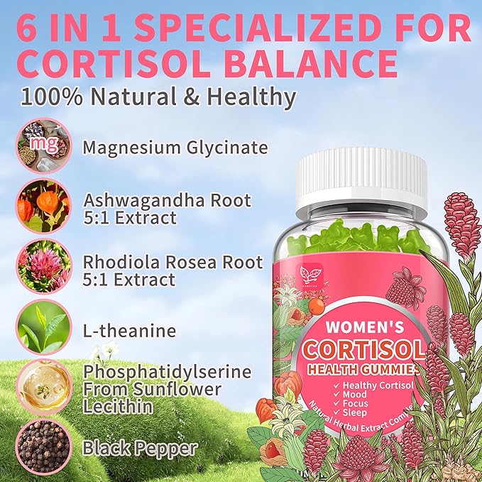 Cortisol Gummies for Women,Cortisol Manager with Ashwagandha,Magnesium,L-theanine,Phosphatidylserine,Rhodiola Rosea,Black Pepper for Mood Support,Adrenal Balance,Sleep,Vegan,Apple Flavor,180 Count