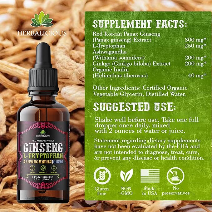 Red Korean Panax Ginseng Liquid Drops with L-Tryptophan, Ashwagandha & Ginkgo – Herbal Adaptogen Blend for Daily Wellness – Alcohol Free Liquid Supplement – 4 fl oz (120 mL)