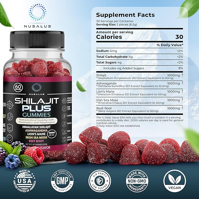 Shilajit Plus Gummies – 5-in-1 Adaptogen Energy & Focus Supplement | Shilajit, Ashwagandha, Lion’s Mane, Sea Moss & Beet Root | Natural Energy & Stress Support | Made in USA, Vegan, 60ct