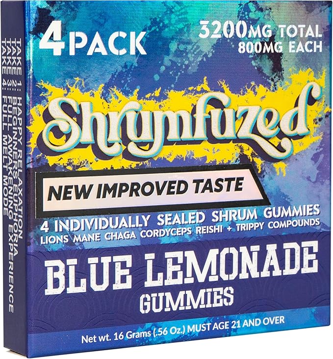 Shrumfuzed - Proprietary Nootropic Gummy 3200mg, Now with New Improved Taste - Lion's Mane, Reishi, Chaga, and Cordycep Nootropic Mushroom Blend (4, Blue Lemonade)