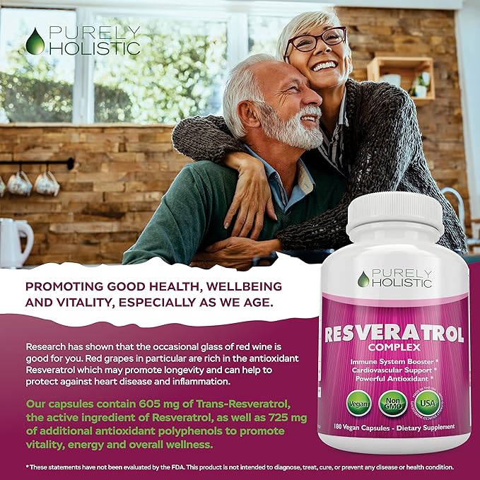 Purely Holistic Resveratrol 1450mg, 90 Servings, Trans-Resveratrol Antioxidant Supplement with Vitamin C and Polyphenol Complex, 180 Vegan Capsules