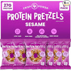 CRISP POWER Protein Pretzels, Sesame, 27G Protein, High Protein Snack, High Fiber, Low Carb Crunchy Pretzel Snacks, No Added Sugar, 1.75 oz Bags, 6 Pack, Vegan, Keto