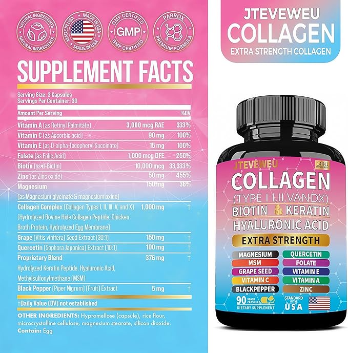 Collagen Supplement - Type I, II, III, V and X - with Biotin, Keratin, Hyaluronic Acid & 13+ Extra Strength Ingredients - （90 Capsules）