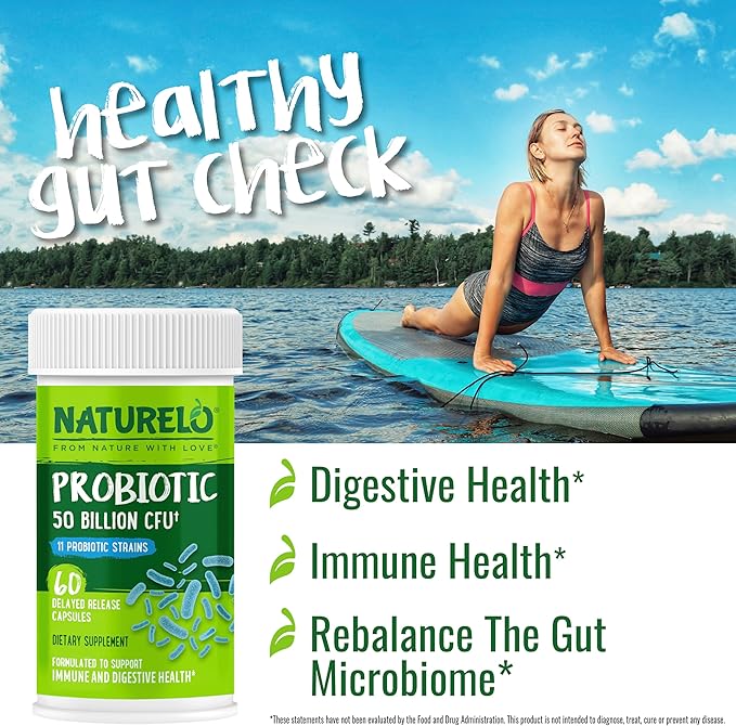 NATURELO Probiotics for Digestive Health, 50 Billion CFU, 60 Vegetarian Capsules, 11 Strains, Daily Use Supplement, Delayed Release, No-Fridge, Boosts Immune System, Probiotics for Women & Men