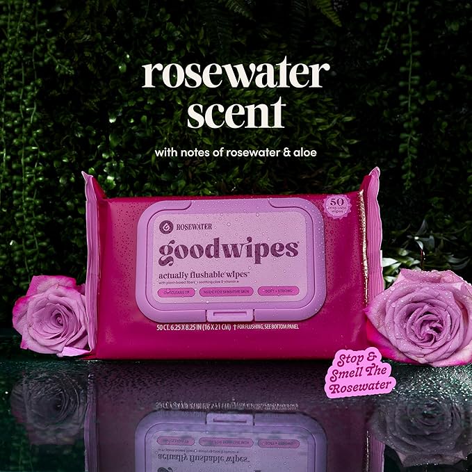 goodwipes Flushable Butt Wipes - Vitamin E & Aloe - Sewer & Septic Safe - Extra Large Adult Wet Wipes For Women & Men - Bathroom Essentials - Rosewater, 153 Count (3 Packs + 3 Individually Wrapped)