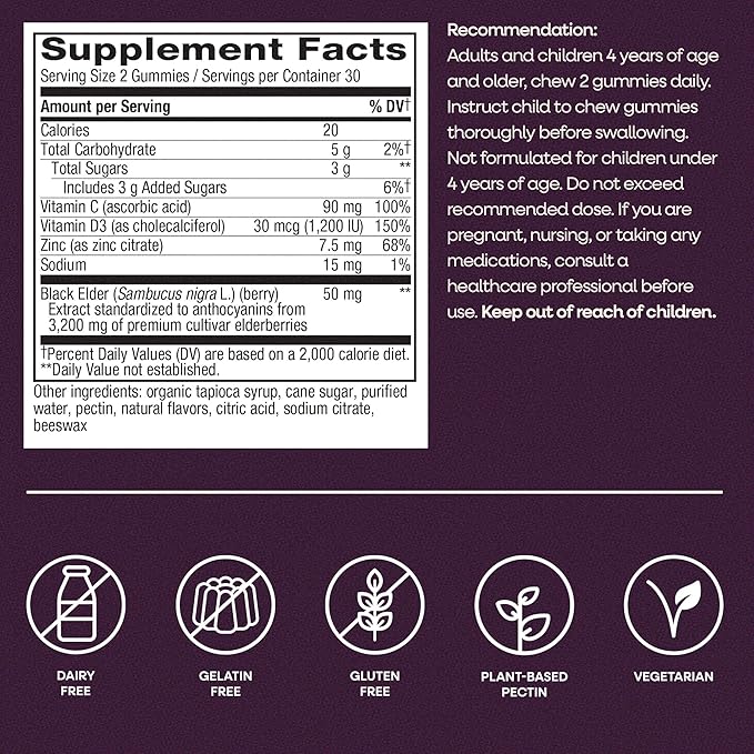Nature’s Way Sambucus Elderberry Gummies, Immune Support Gummy for Adults & Kids Ages 4+ with Black Elderberry Extract, Vitamin C, Vitamin D3, and Zinc*, 60 Gummies (Set of 3)