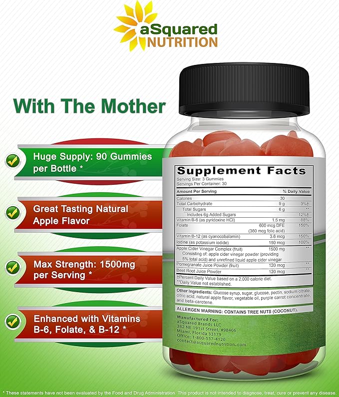 aSquared Nutrition Apple Cider Vinegar Gummies - 1500mg Per Serving - with The Mother - 90 ACV Gummies w/Vitamin B6 & B12, Folic Acid - Vegan Gummy Supplement Alternative to Capsules Pills (Pack of 2)