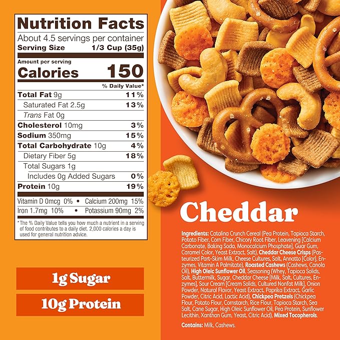 Catalina Crunch Protein Snack Mix with Cheese Crisps | 10g Protein, 1g Sugar per Serving | Good Source of Fiber, Keto, Gluten Free | Cheddar, 5.25 Ounce Bag (Pack of 5) - Packaging May Vary