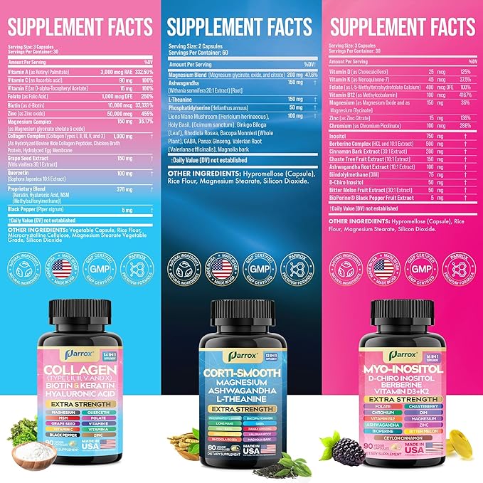 She Shines Set - Collagen Peptides Types I, II, III, V, X, Biotin, Keratin, Myo Inositol & D-Chiro Inositol, Berberine, Cortisol Support, Magnesium, Ashwagandha, L-Theanine, Lions Mane