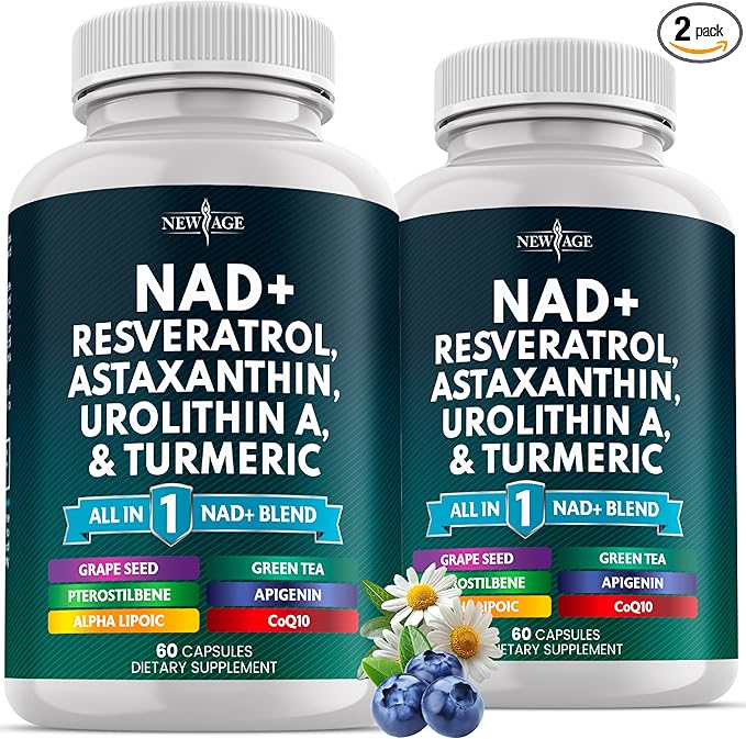 NEW AGE NAD+ Supplement - Astaxanthin, Urolithin A, Resveratrol, CoQ10 & Antioxidant Blend – Cellular Energy, Mitochondrial Support – Vegan, Non-GMO- 120 Count