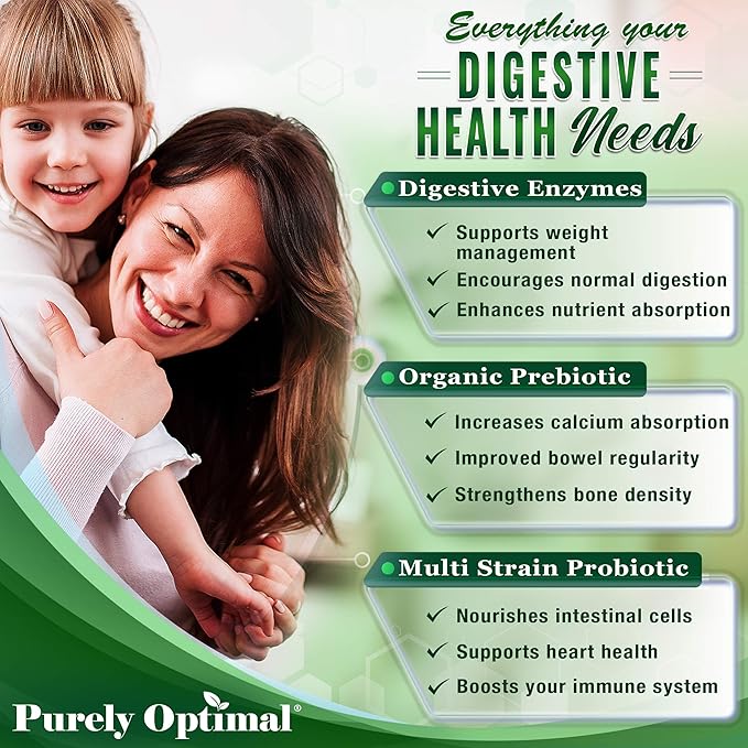 Purely Optimal Digestive Enzymes for Women and Men – Multi-Enzyme Supplement for Bloating Relief, Digestion and Heavy Meal Support – with Probiotics and Prebiotics for Gut Health – 180 Capsules