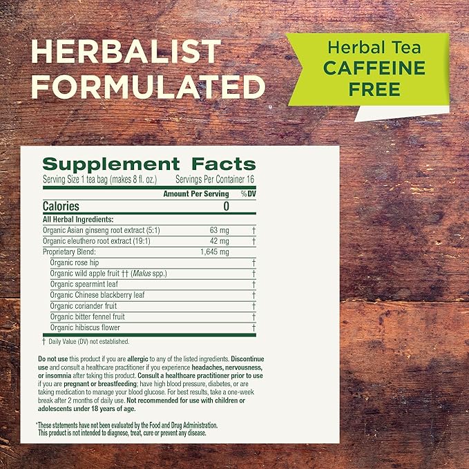 Traditional Medicinals Organic, Stress Ease Focus, Ginseng Wild Apple Mint Tea - Balanced Energy Support & Adaptogens - Kosher, Non-GMO, Caffeine-Free, Compostable - 16 Tea Bags