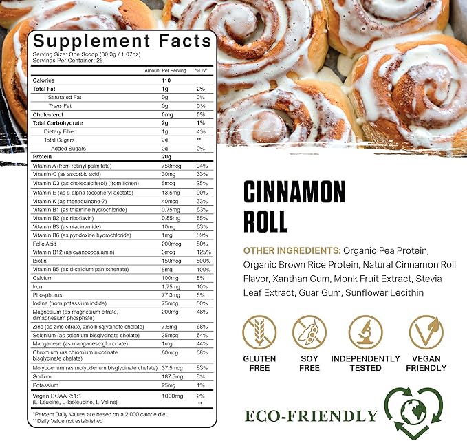 Ambrosia Planta - Plant-Based Protein Powder 20g | Dairy Free Vegan Protein Powder with BCAA Amino Acids | Keto-Friendly, No Added Sugar | 25 Servings | Cinnamon Roll