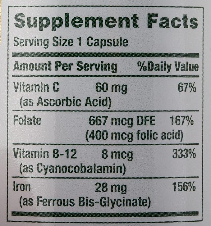 Nature’s Bounty Gentle Iron 28 mg Capsules with Vitamin C,Folic Acid,Vitamin B-12 Iron Supplement,Non-GMO,Gluten-Free,90 Count (Pack of 3)