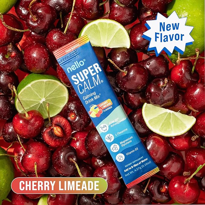 Nello Supercalm Powdered Drink Mix, Cortisol Reducer* and Sleep Aid Supplement, L Theanine, Ksm-66 Ashwagandha, Magnesium Glycinate, Vitamin D 3, No Sugar, Non GMO, On The Go, 20 Ct, Cherry Limeade
