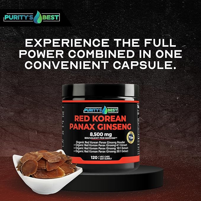 Purity’s Best Red Korean Panax Ginseng – 8500 mg Equivalent per Serving – 5% Ginsenosides – Herbal Supplement – 120 Veggie Capsules