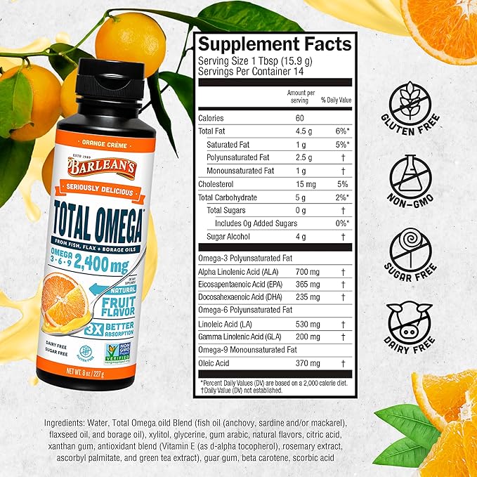 Barlean's Total Omega 3 6 9 Orange Crème Liquid Fish Oil Supplement with Borage and Flaxseed Oil, 2,400 mg of Omegas EPA and DHA Plus GLA for Joint and Heart Health, 8 oz