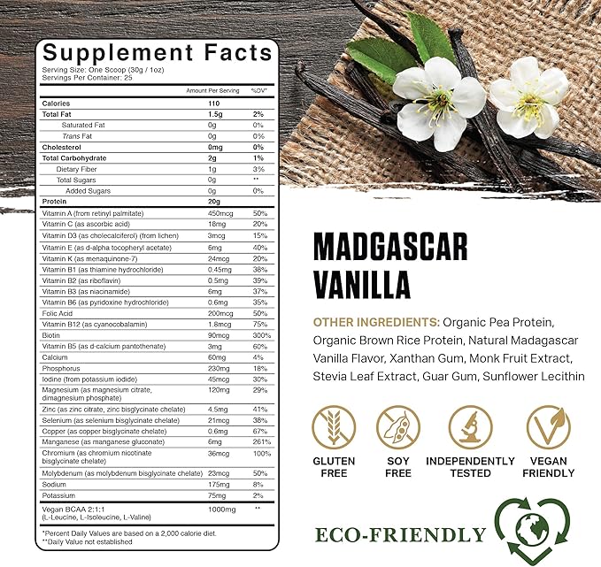Ambrosia Planta - Plant-Based Protein Powder 20g | Dairy Free Vegan Protein Powder with BCAA Amino Acids | Keto-Friendly, No Added Sugar | 25 Servings | Vanilla