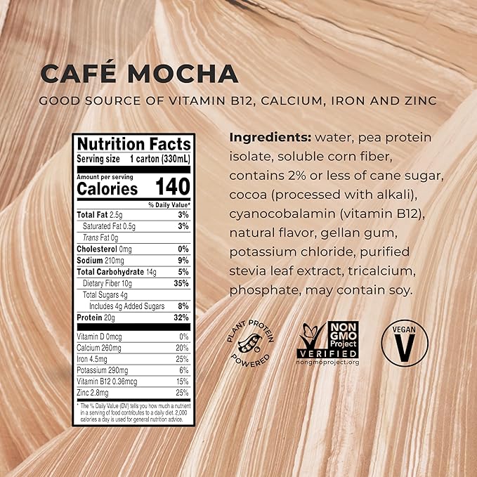 Evolve Plant Based Protein Shake, Café Mocha, 20g Vegan Protein, Dairy Free, No Artificial Sweeteners, Non-GMO, 10g Fiber, 11oz, (24 Pack) (Formula May Vary)
