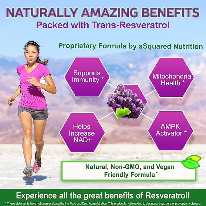aSquared Nutrition Natural Resveratrol with Red Wine Extract - 180 Capsules - Trans Resveratrol Antioxidant Supplement Pills for Pure Heart Health - Extra Strength Trans-Resveratrol