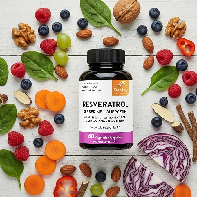 Resveratrol with Berberine Supplement For Gut Health Support | 120 Digestive Capsules For Women & Men | With Green Tea Extract, Star Anise, DGL, Grape Seed, Quercetin | Helps Ease Bloating & Digestion