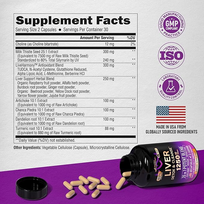 Liver Cleanse Detox & Repair - Milk Thistle | Dandelion | Artichoke | TUDCA | Glutathione & NAC - Effective Liver Health Supplement | 80% Silymarin - Laboratory Tested, Vegan - Made in USA 60 Capsules