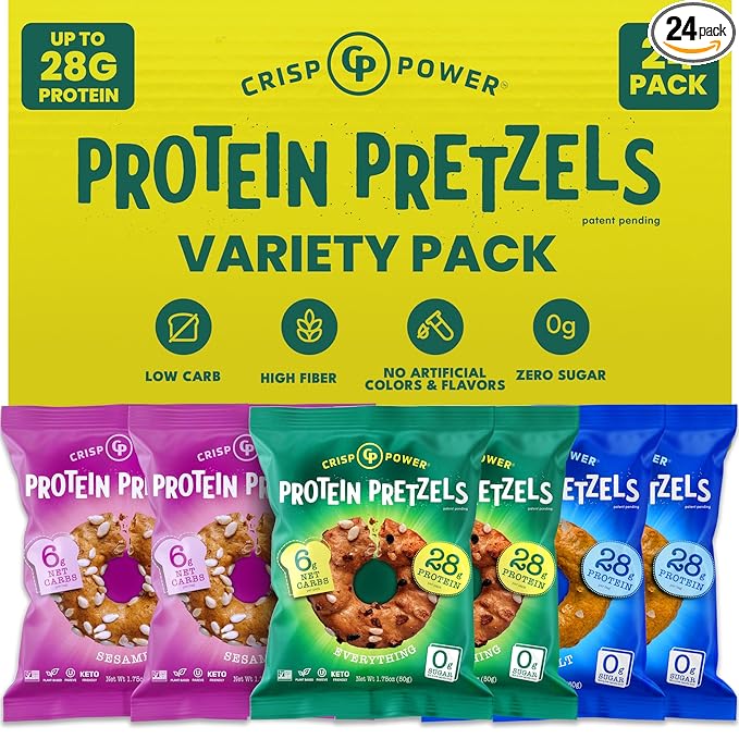 CRISP POWER Protein Pretzels, Variety Pack With Sea Salt, Sesame, & Everything, Up To 28G Protein, High Protein Snack, High Fiber, Low Carb Crunchy Pretzel Snacks, No Added Sugar, 1.75 oz Bags, 24 Pack, Vegan, Keto