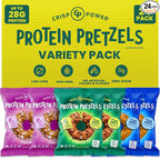 CRISP POWER Protein Pretzels, Variety Pack With Sea Salt, Sesame, & Everything, Up To 28G Protein, High Protein Snack, High Fiber, Low Carb Crunchy Pretzel Snacks, No Added Sugar, 1.75 oz Bags, 24 Pack, Vegan, Keto