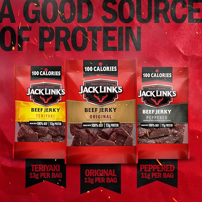 Jack Link's Beef Jerky Variety Pack – Includes Original, Teriyaki and Peppered Jerky, Bulk Protein Snack, Good Source of Protein, Meat Snacks Made with 100% Beef – 1.25 Oz, (Pack of 30)