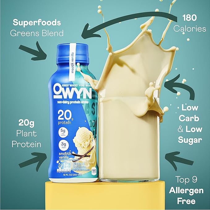 OWYN Only What You Need Protein Shake Variety Pack, Vanilla, Cold Brew Coffee, Cookies and Creamless Flavored Protein Shakes, 20g Protein, 4g Sugar, 3g Fiber, Dairy Free, Plant Based Protein, 12 CT