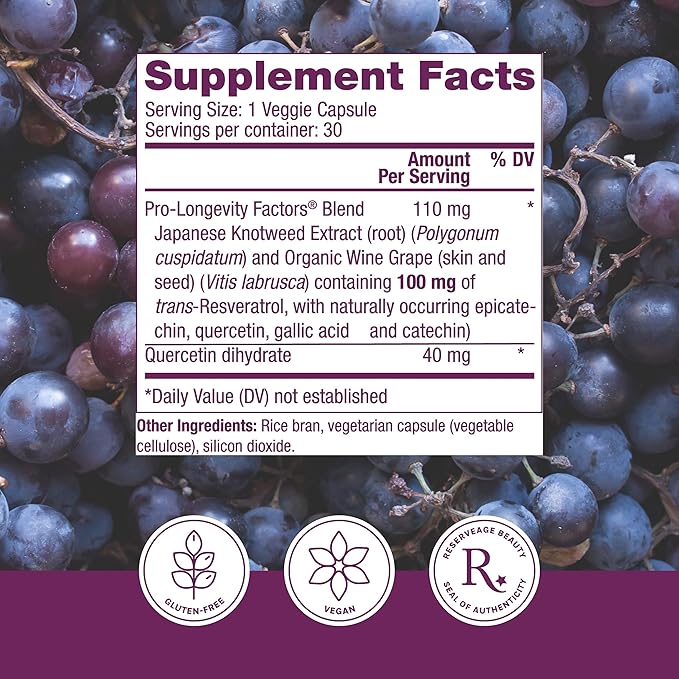 Reserveage Beauty, Resveratrol 100 mg, Antioxidant Supplement for Heart and Cellular Health, Supports Healthy Aging and Immune System, Paleo, Keto, 30 Capsules (30 Servings)