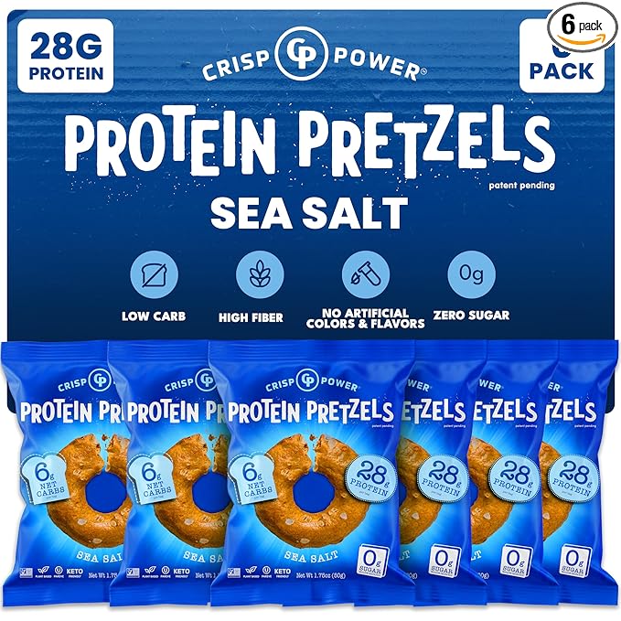 CRISP POWER Protein Pretzels, Sea Salt, 28G Protein, High Protein Snack, High Fiber, Low Carb Crunchy Pretzel Snacks, No Added Sugar, 1.75 oz Bags, 6 Pack, Vegan, Keto