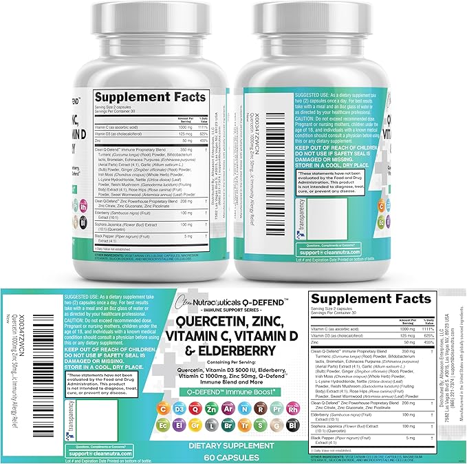Q Defend Quercetin Supplement with Zinc Vitamin C Vitamin D Elderberry Turmeric Black Pepper Garlic Ginger Sea Moss Lysine Stinging Nettle Reishi Immune Support 60 Capsules Pack of 3 by Clean Nutra