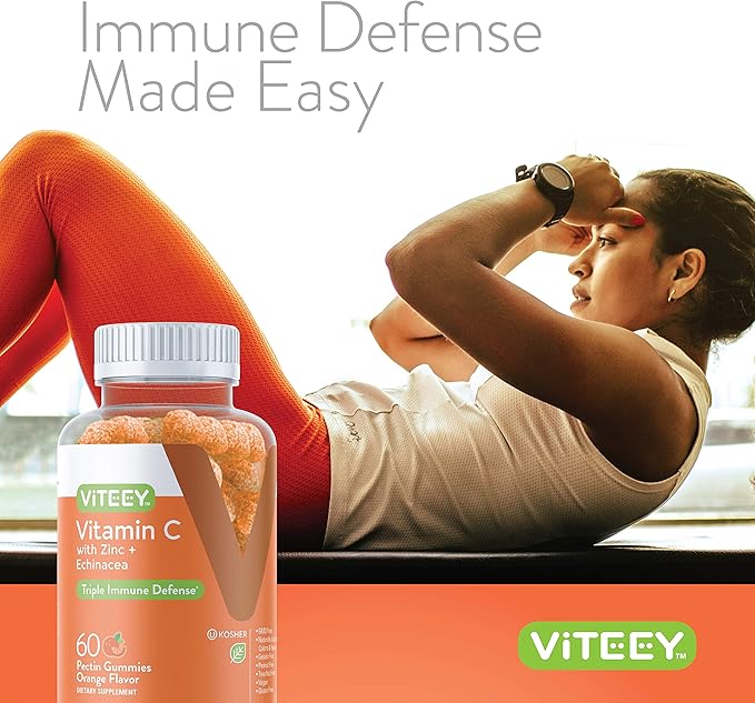 Viteey Vitamin C Gummies for Adults & Teens with Zinc & Echinacea - Immune Support Gummies - Vegan, Gelatin Free, Gluten Free, GMO Free - Tasty Vitamin C Chewable Orange Flavored Gummy