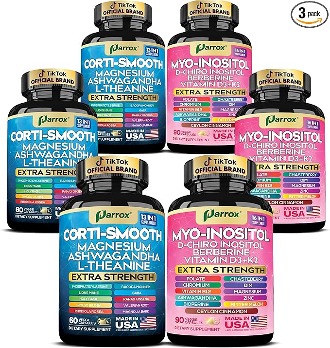 Cortisol & Myo-Inositol Supplement Bundle, Soothe & Smooth Bundle, Cortisol Balance, GABA, Magnesium, Ashwagandha, L-Theanine, D-Chiro Inositol, Folate, Berberine, Chasteberry, Zinc (3 Pack)