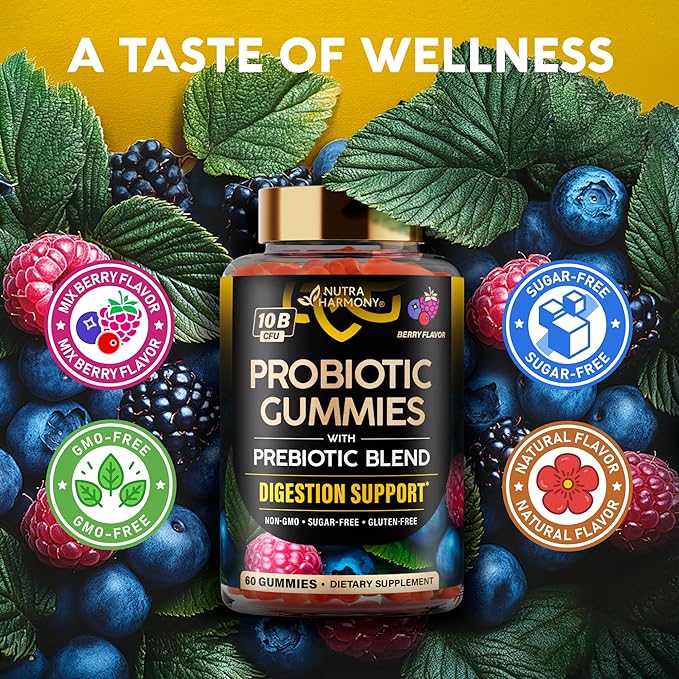 Probiotic Gummies 10B CFU with Prebiotic Fiber - Digestion & Immune Support - Debloat, Stomach & Gut Comfort - Probiotics for Women & Men - Natural Berry Flavor - Vegan & Sugar-free - 60 Gummies