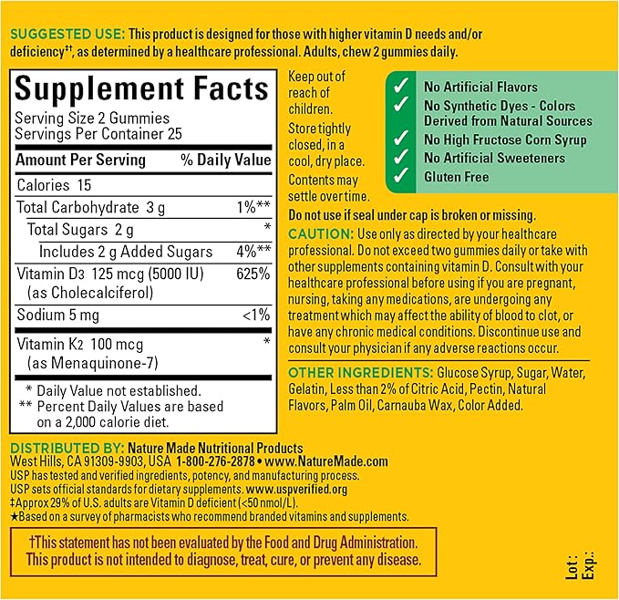 Nature Made Vitamin D3 K2 Gummies, Vitamin D 5000 IU Per Serving for Bone, Teeth, Muscle and Immune Support, 50 Gummy Vitamins, 25 Day Supply