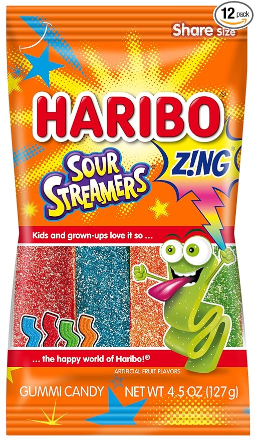 HARIBO Gummi Candy, Z!NG Sour Streamers Gummy Candy, 4.5 Ounce Share Size Bags (Pack of 12) Delicious Soft & Chewy Snacks, Assorted Fruity Flavors
