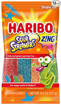 HARIBO Gummi Candy, Z!NG Sour Streamers Gummy Candy, 4.5 Ounce Share Size Bags (Pack of 12) Delicious Soft & Chewy Snacks, Assorted Fruity Flavors